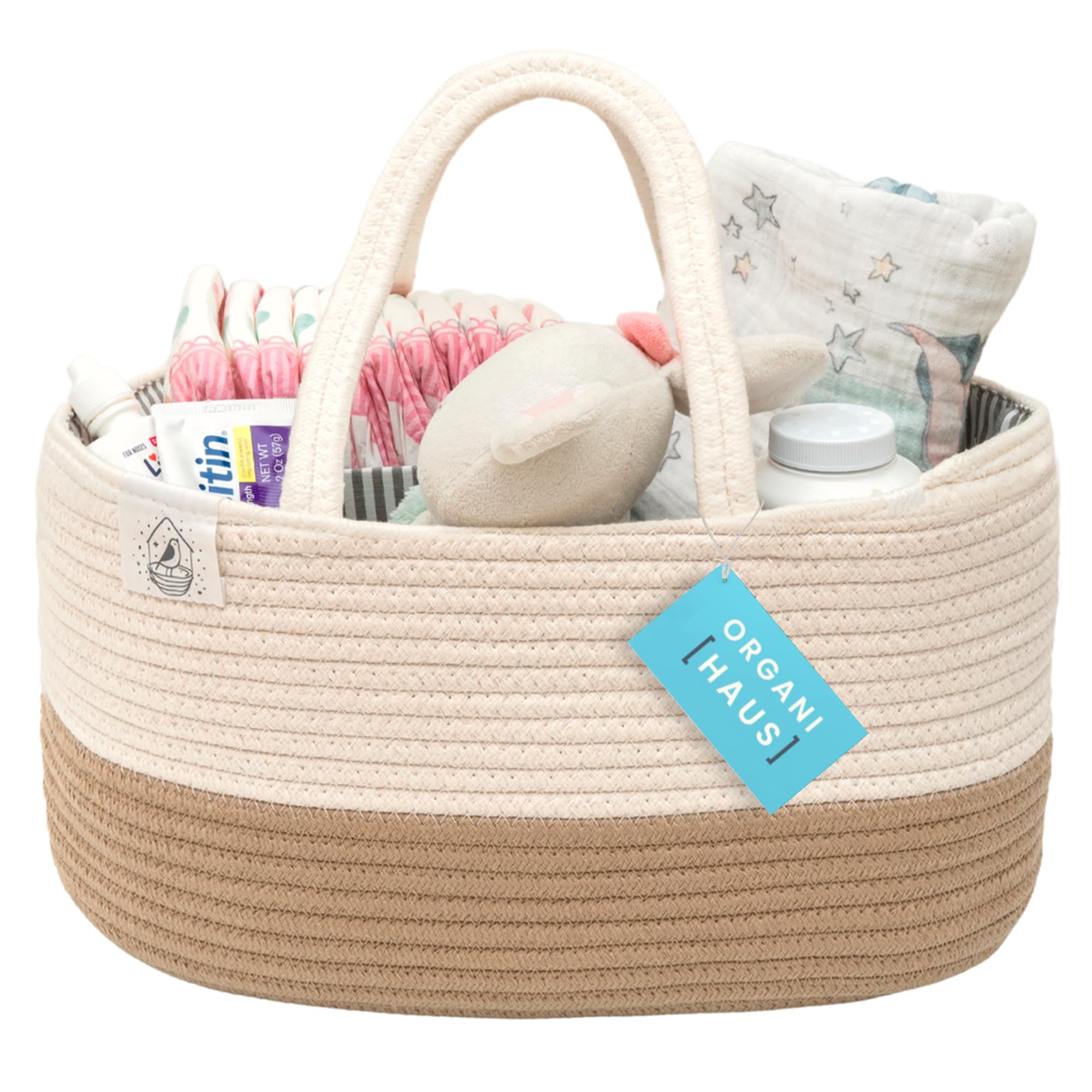 OrganiHaus Nappy Caddy Organiser, Premium Cotton Rope Diaper Caddy Basket, Newborn Essentials Storage Tote, Baby Changing Organiser, Baby Basket for Shower Gift - Honey/Off-White