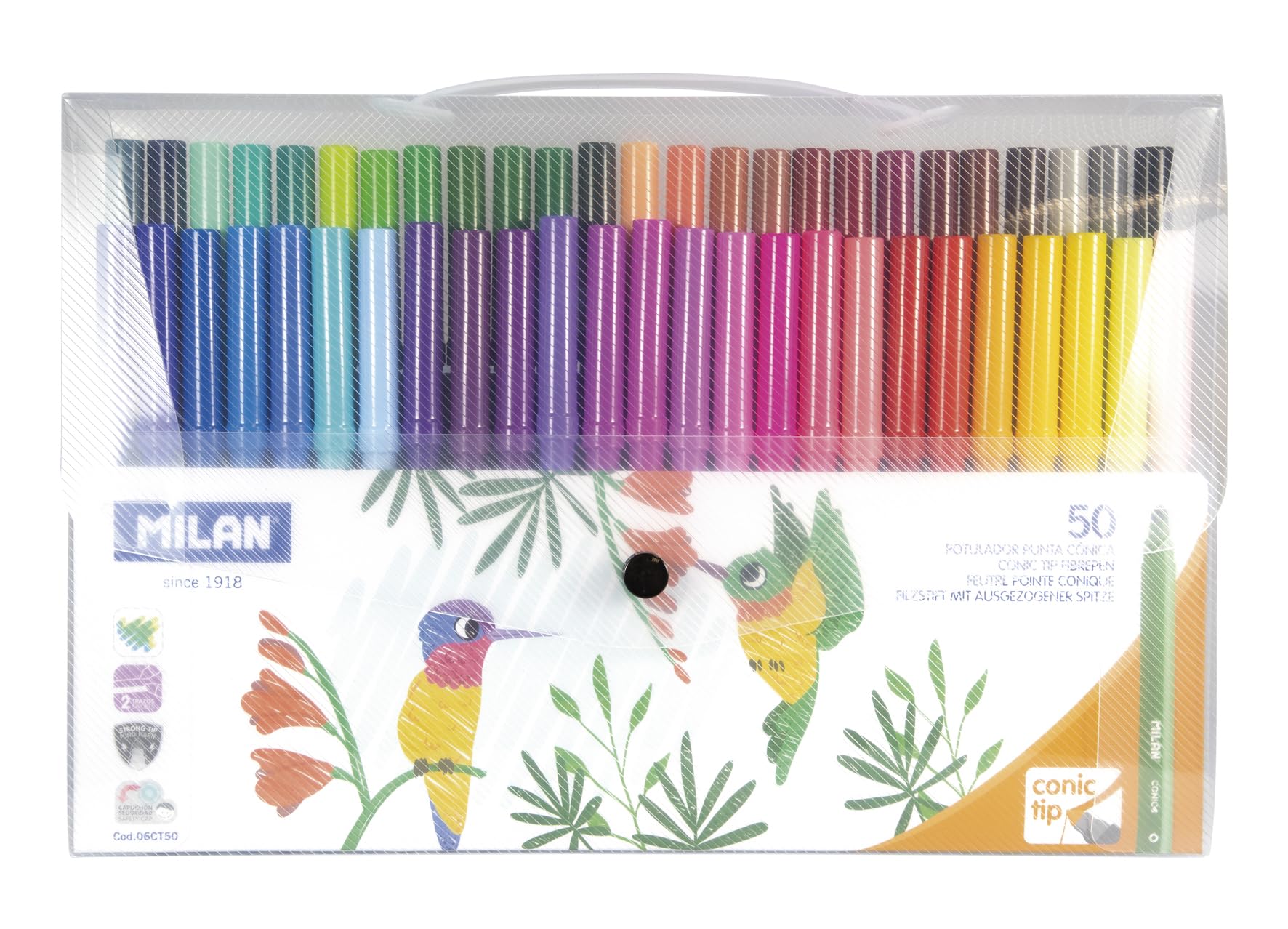 Estuche transparente 50 rotuladores Punta cónica Base agua