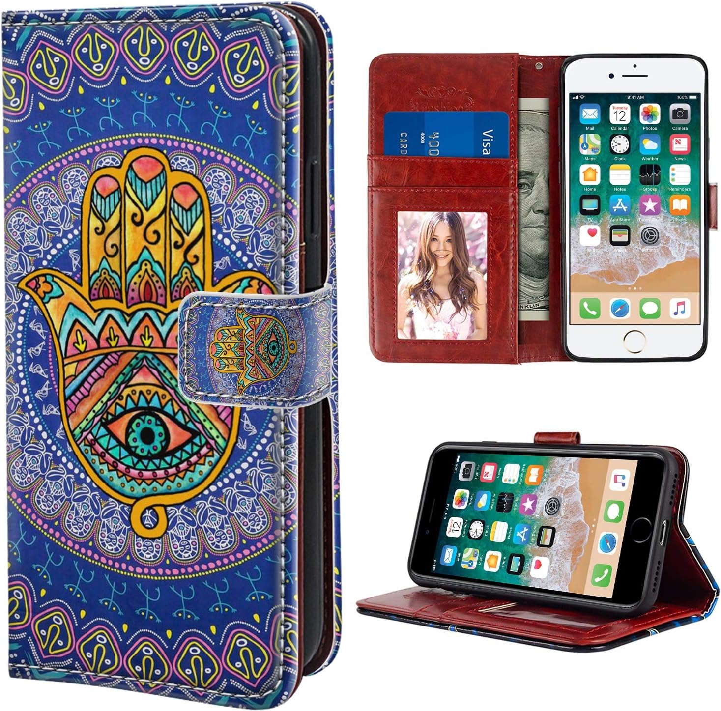 YaoLang iPhone 7/8 Plus Wallet Case, Hamsa Hand Evil Eyes Mandala PU Leather Standable Wallet Phone Case with Card Holder Magnetic Hold for iPhone 7/8 Plus
