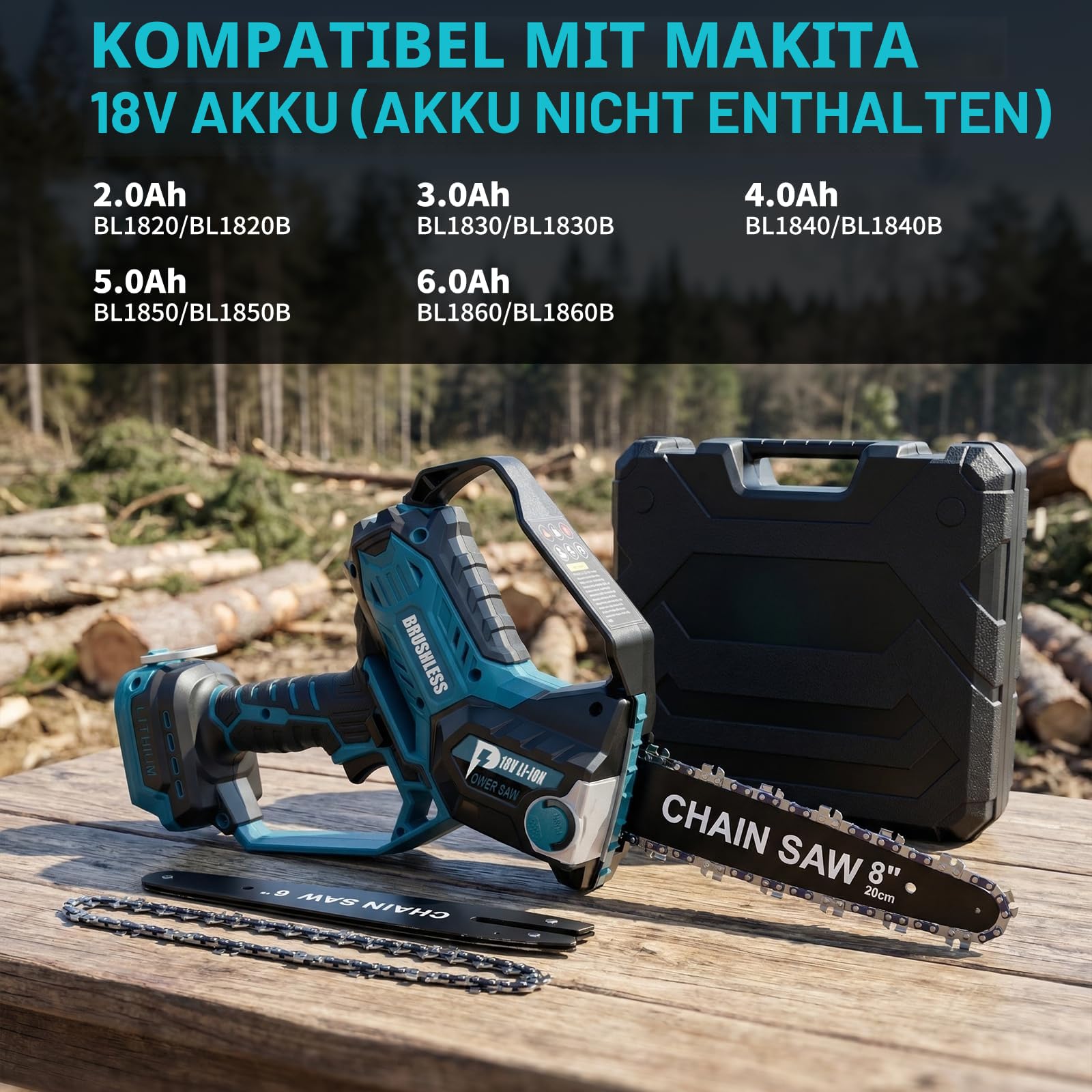 8-Zoll Kettensäge für Makita 18V Akku, automatischer Öler, bürstenlose 6-Zoll und 8-Zoll Akku Baumsäge, batteriebetriebene Mini-Kettensäge zum Holzschneiden und Baumbeschneiden (nur Werkzeug) 7