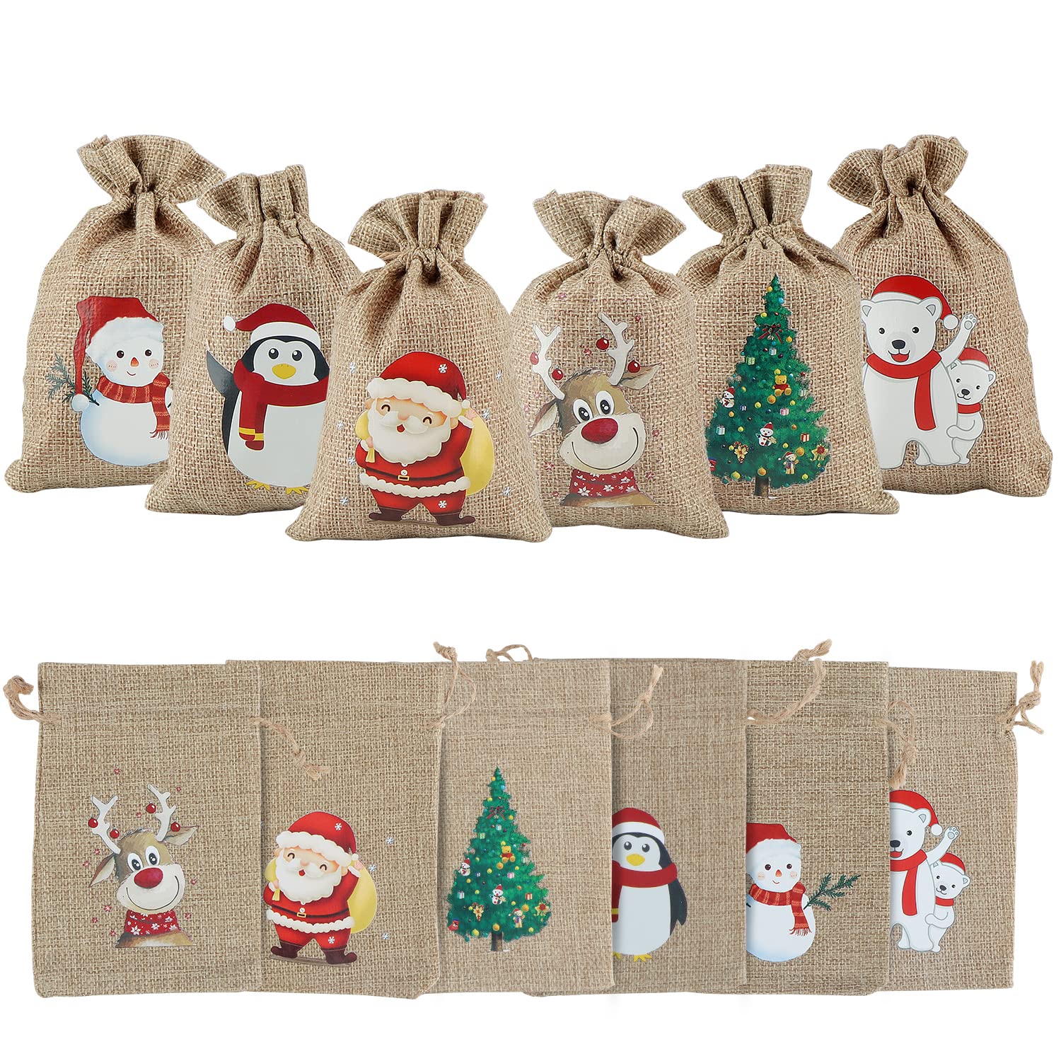 OWill 12 PCS Jute Christmas Burlap Drawstring Small Bags for Holiday Treats