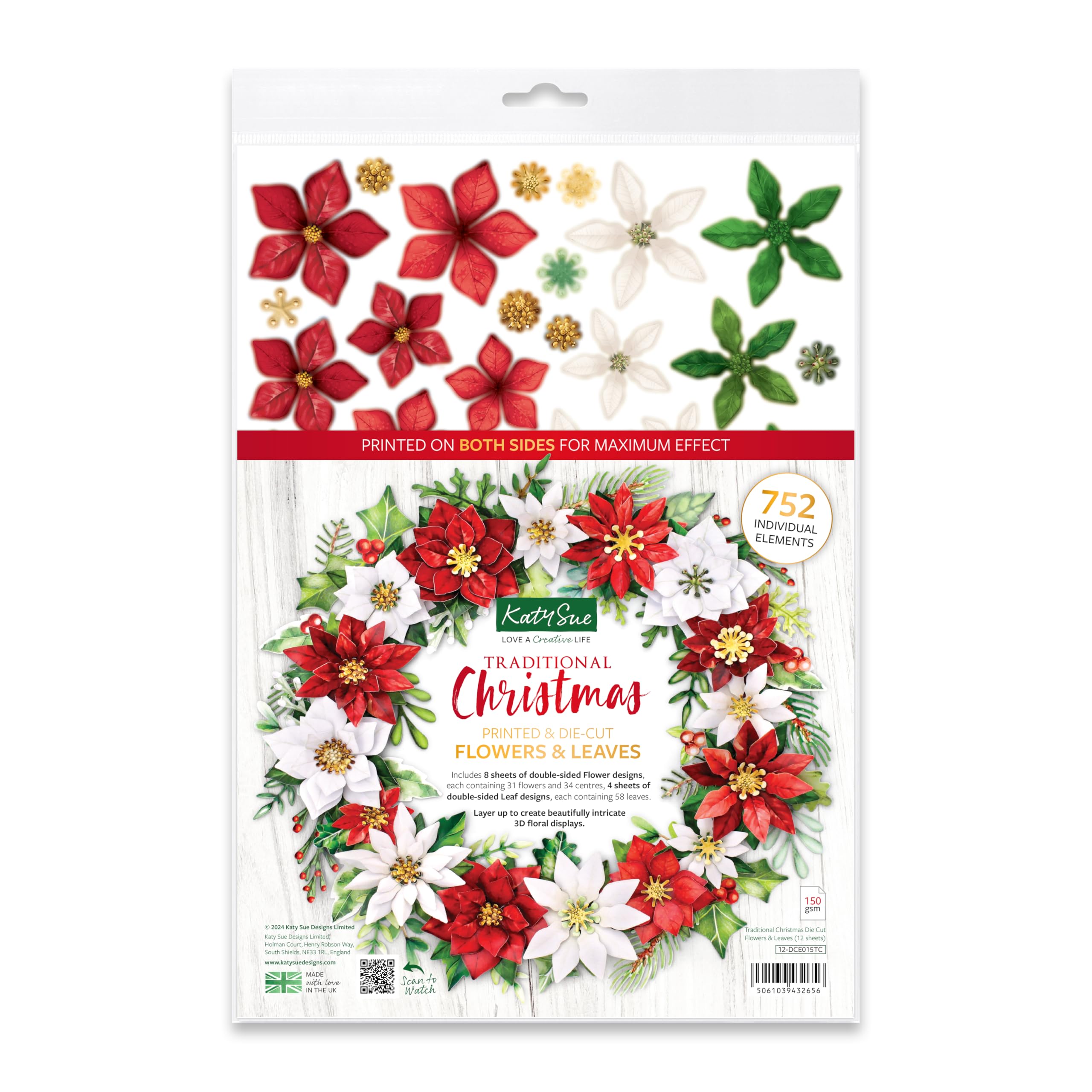Katy Sue Traditional Christmas Die Cut Flowers & Leaves. 12 Sheets of Double-Sided Die-Cut Red & White Paper Poinsettia Flowers, Flower Centres & Leaves for Christmas Card Making & Scrapbooking