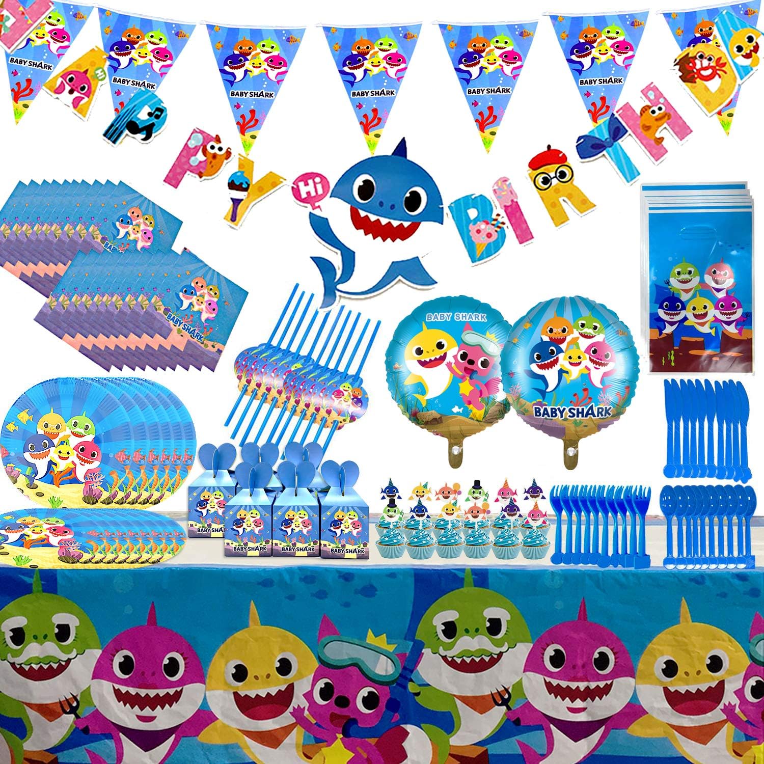 Ajworld Baby Shark Party Supplies Set Ocean Shark Themed Birthday Decorations with Birthday Banner Tableware Kit Gift Bags and Candy Boxes- Serves 10 Guest