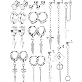 Fiasaso 22Pcs Dangle Earrings for Men Stainless Steel Hinged Hoop Earrings Long Chain Stud Cross Dangle Earrings Set Kpop Earrings for Mens