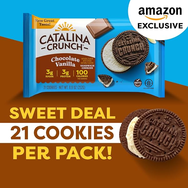 CATALINA CRUNCH PROTEIN COOKIES, 4G PROTEIN PER SERVING – LOW-SUGAR SANDWICH COOKIES – GLUTEN FREE, VEGAN – KETO DESSERT SNACKS – CHOCOLATE VANILLA, 8.9 OZ. (21 COUNT)