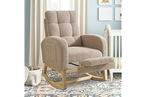 cinkehome Nursery Rocking Chair with Retractable Foot Rest, Teddy Glider Rocking Chair, Mid Century Rocker Chair, High Back, Solid Wood Legs, Brown