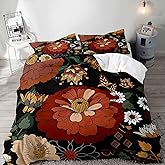 LUVIVIHOME 3PCS Vintage Boho Floral Duvet Cover Queen Bedding Sets, Mid Century Modern Bohemian Aesthetic Rustic Farmhouse Botanical White Daisy Red Burnt Orange Flower Comforter Cover, 2 Pillow Cases