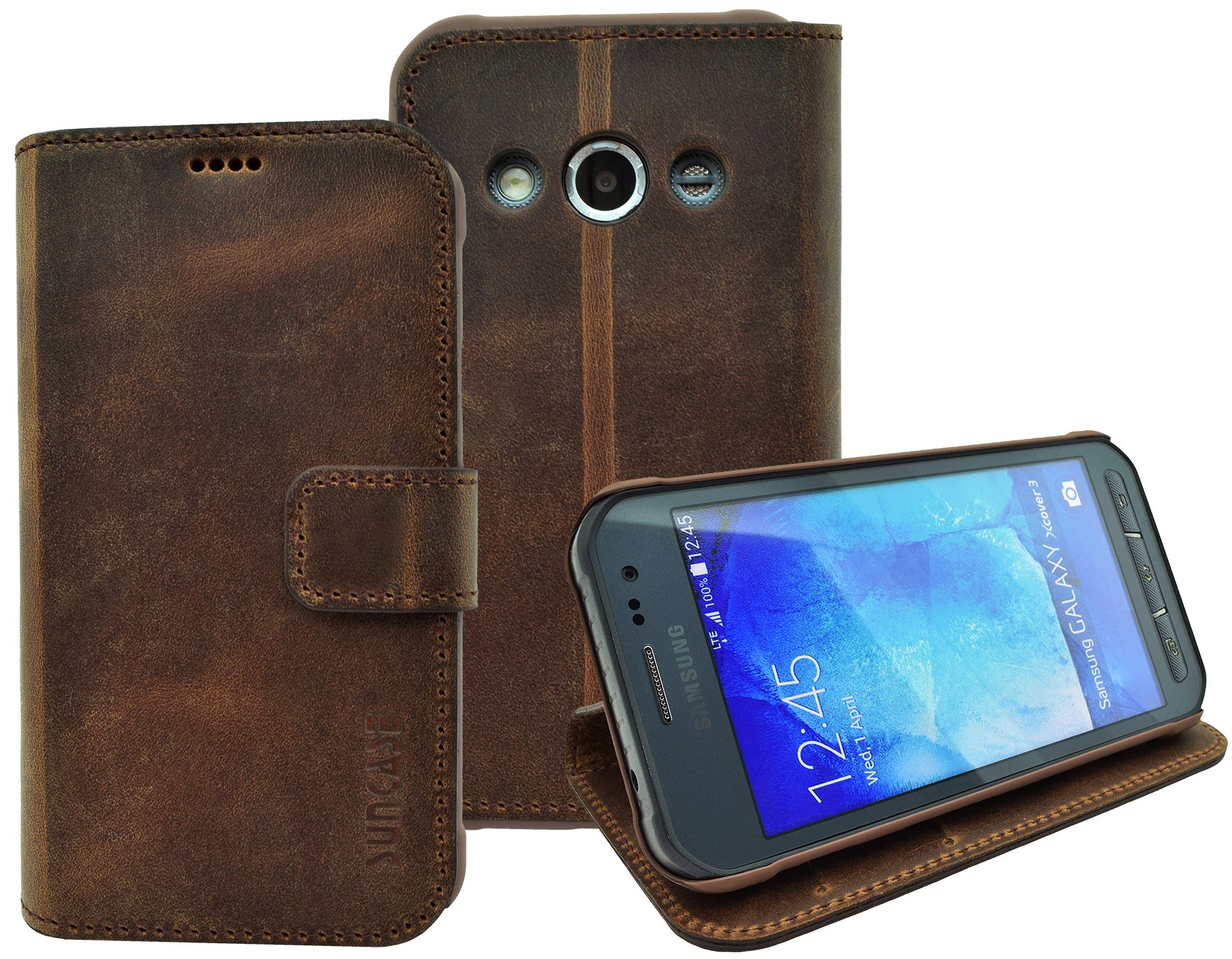 Suncase Samsung Galaxy Xcover 3 (SM-G388F) – (Slim Fit) Leather Book Style Case Leather Mobile Phone Case Protective Cover With Stand And Card Slot