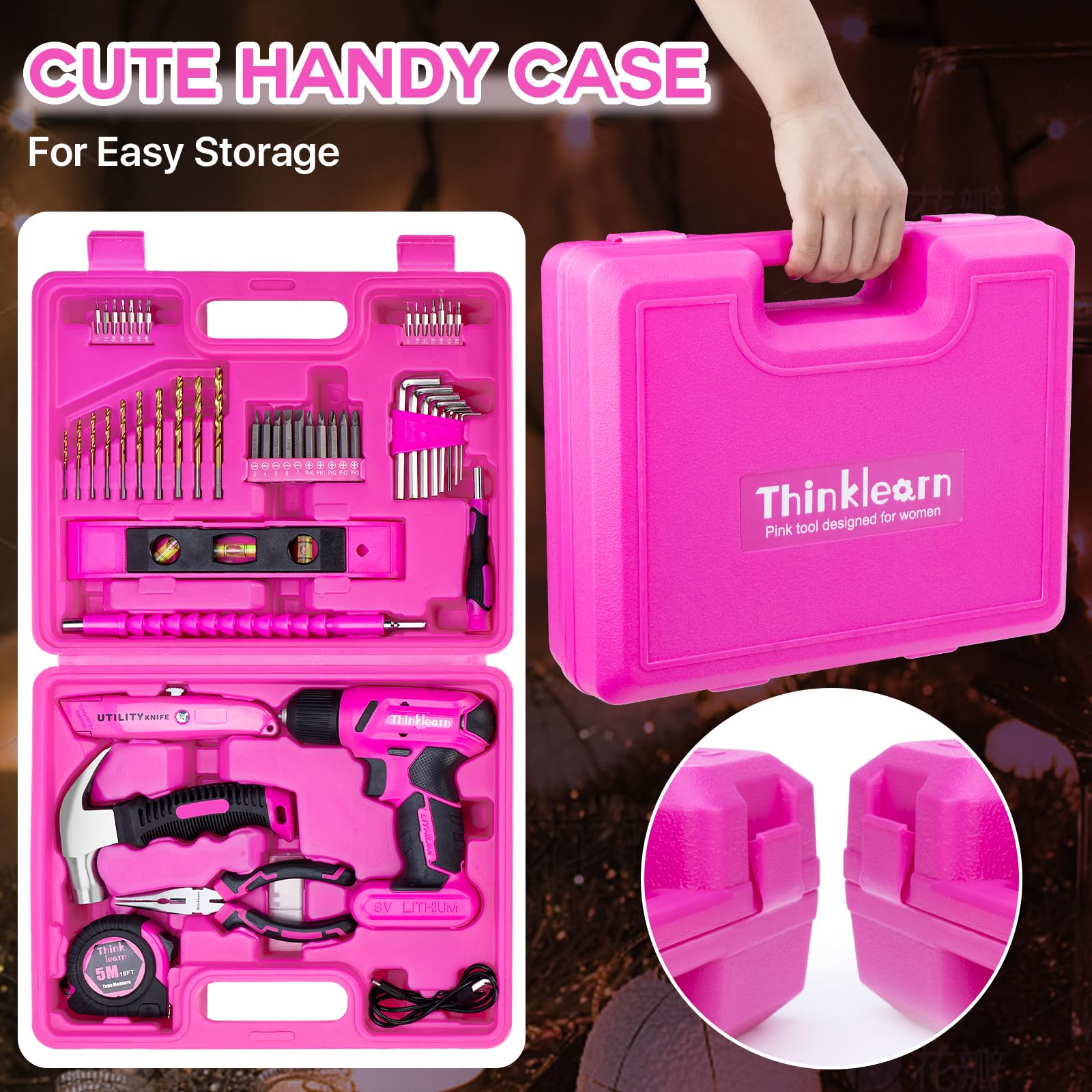 8V Pink Cordless Drill Set, 64 Pcs Pink Power Drill Tool Kit for Women, 3/8