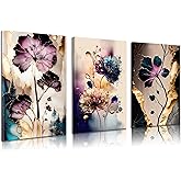 BVVEYKXX Purple Gold Abstract Flowers Canvas Wall Art Elegant Purple Gold Florals Pictures Wall Decor Purple and Gold Posters Prints Artwrok for Living Room Bedroom Hallway Home Decoration 16x24in