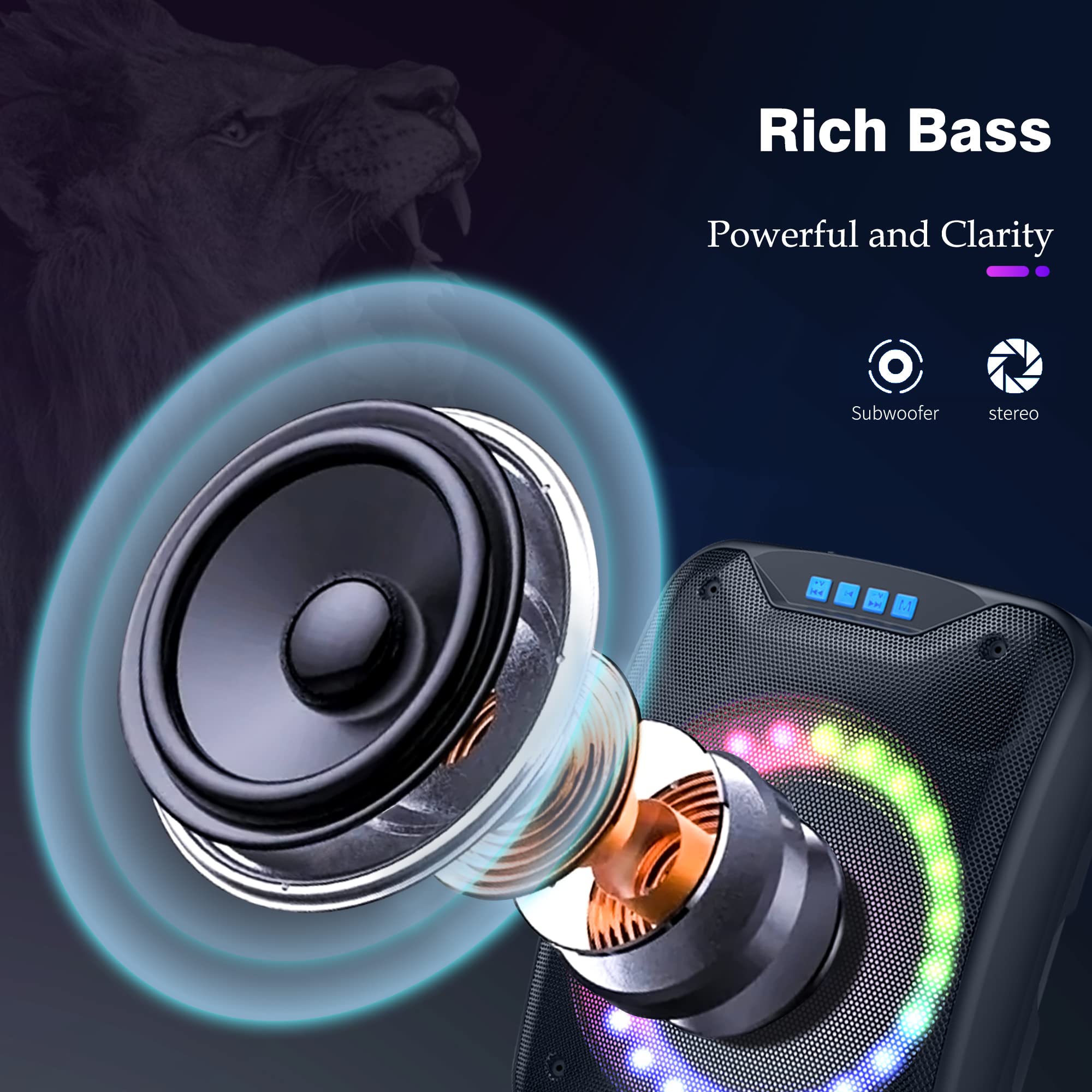 Shinco Portable Wireless Speaker, Compact Size Loud Volume Strong Bass and Colorful Lights, Compatible with Microphone, Bluetooth Speaker for Small Party, Home, Outdoors