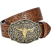 TRIWORKS Mens Western Cowboy Belt - Cowgirl Western Country Belt with Floral Engraved Buckle