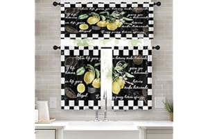 Tayney Lemon Kitchen Window Curtains Valance and Tier Set 36 Inch Fruit Black White Chessboard Background Rod Pocket Short Tier Curtain, Vintage Small Drapes for Kitchen Decor