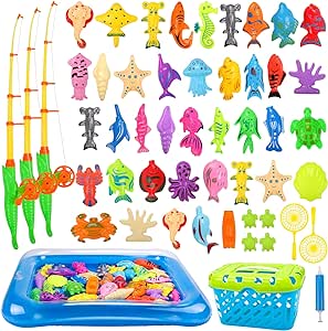 REMOKING Kid Toys 52PCS Fishing Game,Magnetic Toys with Ocean Sea Animal,Fishing Poles,Nets,Inflatable Pool,Toddlers Bathtub Outdoor Carnival Party Toy,Gifts for Kids 3 4 5 6 Years Old(with Basket)