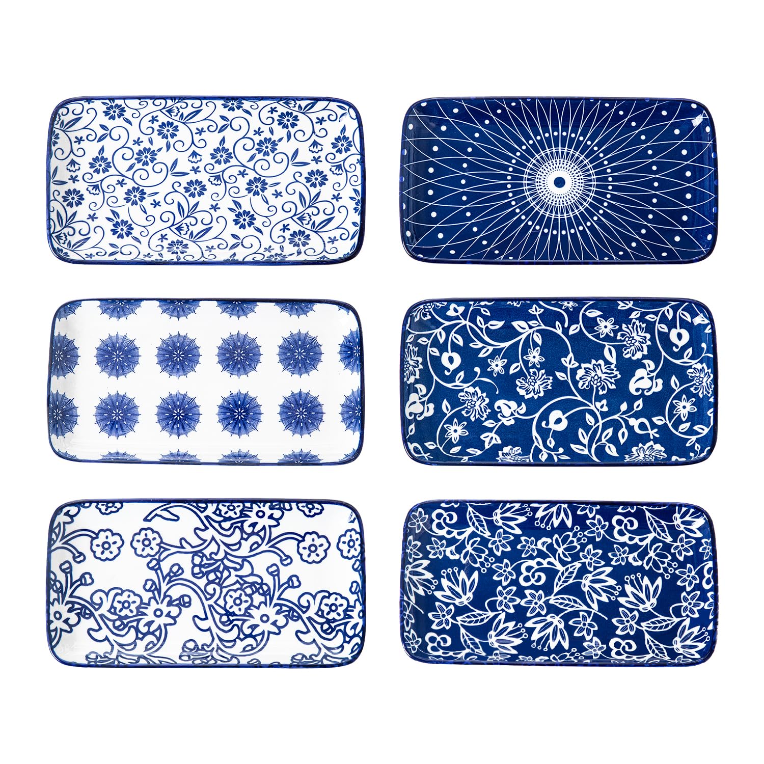 Photo 1 of Cerkik Rectangle Serving Platter Set - 8 Inch Ceramic Dinner Plates Rectangular Serving Trays for Sushi Salad Dessert Pasta Appetizer - Oven Microwave Dishwasher Safe - Set of 6 - Vintage Blue