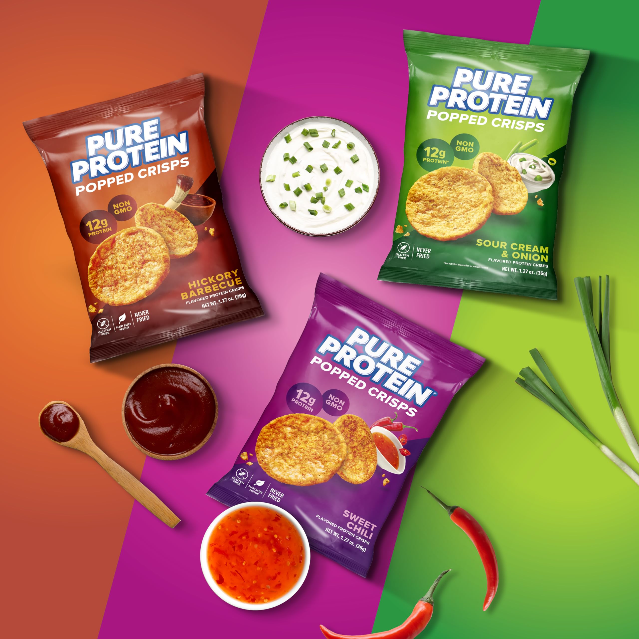 Pure Protein Popped Crisps - Variety Pack: Hickory Barbecue, Sour Cream & Onion, Sweet Chili - 12g Plant Based Protein, Gluten Free, Non GMO, Vegan, Air Popped & Puffed Crisps – Healthy Protein Snacks – 12 Pack