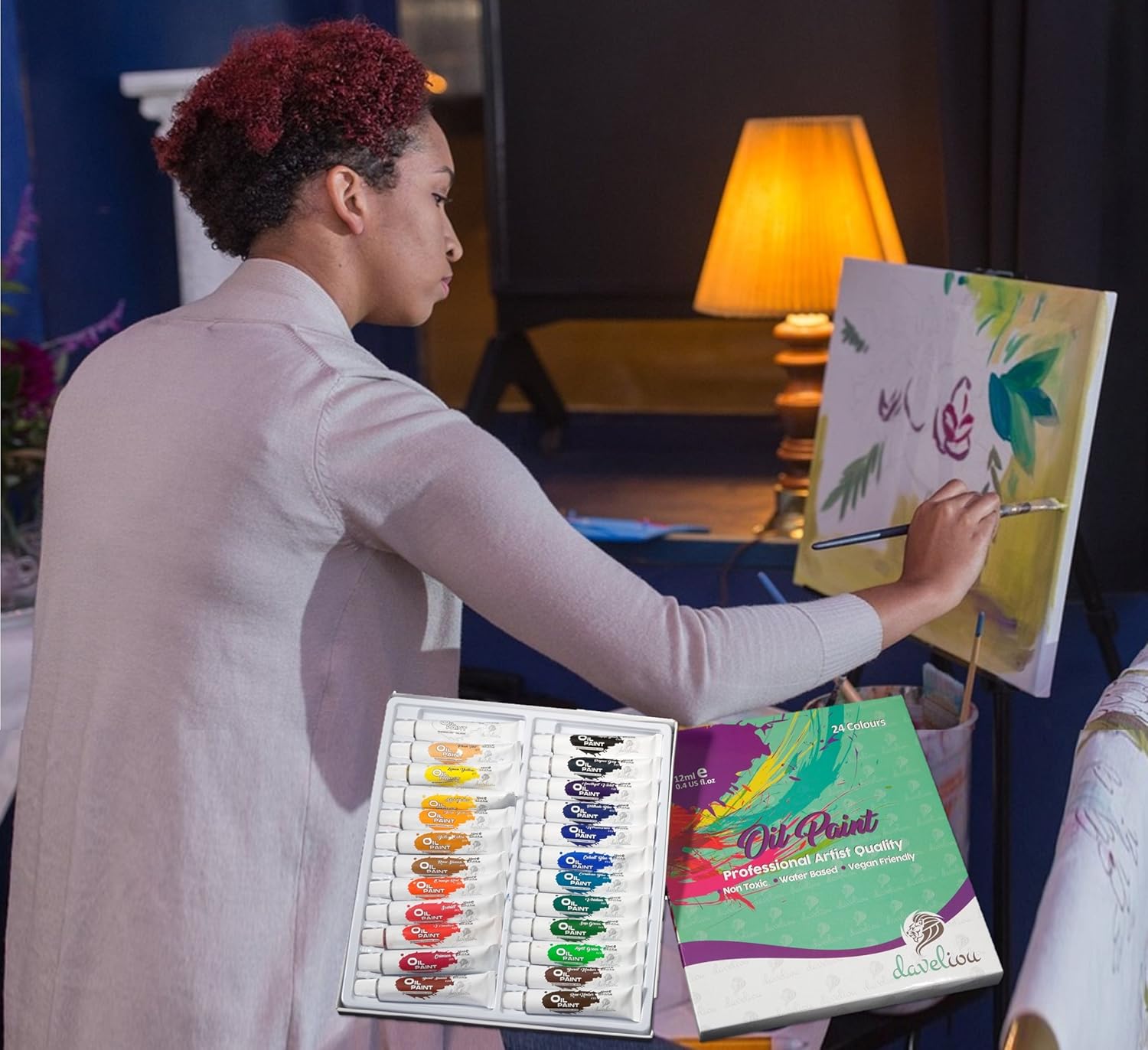 Daveliou Oil Paints Set 12ml x 24 Colour Paint Tubes Non Toxic Painting Kit for Beginners