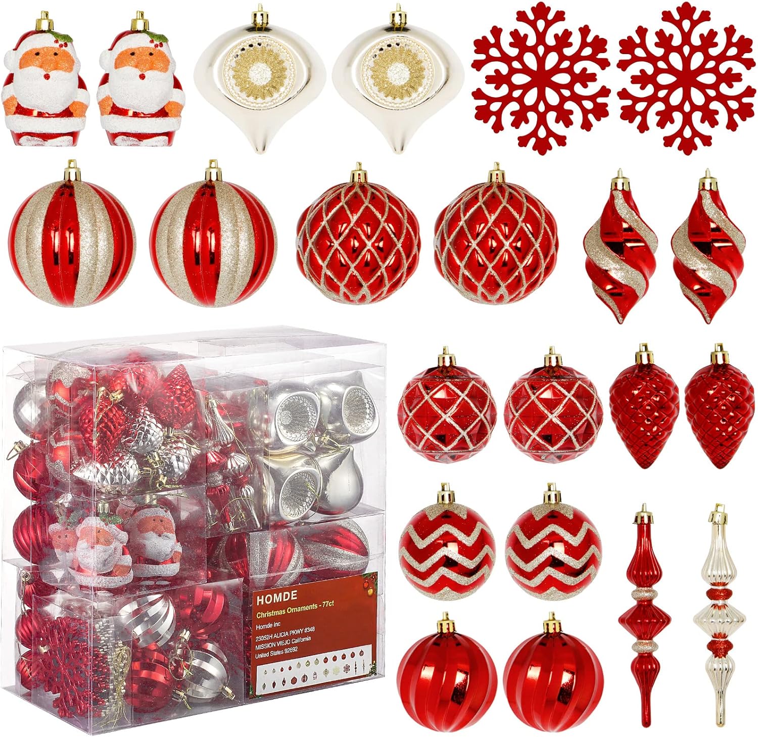 Ornaments - Homde Christmas Balls Ornaments 5.12inch -1.57inch Includes Santa Claus Snowflakes for Xmas Tree Shatterproof Christmas Tree Decorations with Hanging Rope (Red & Gold) - 77ct - Decoway Series