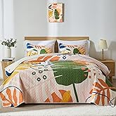 Yogeneg Queen Quilt Bedding Set,Green Yellow Botanical Pattern White Full/Queen Quilt Set,3 Piece Lightweight Soft Summer Bedspread Coverlet with 2 PIillow Shams,All Season(White,90"x96")