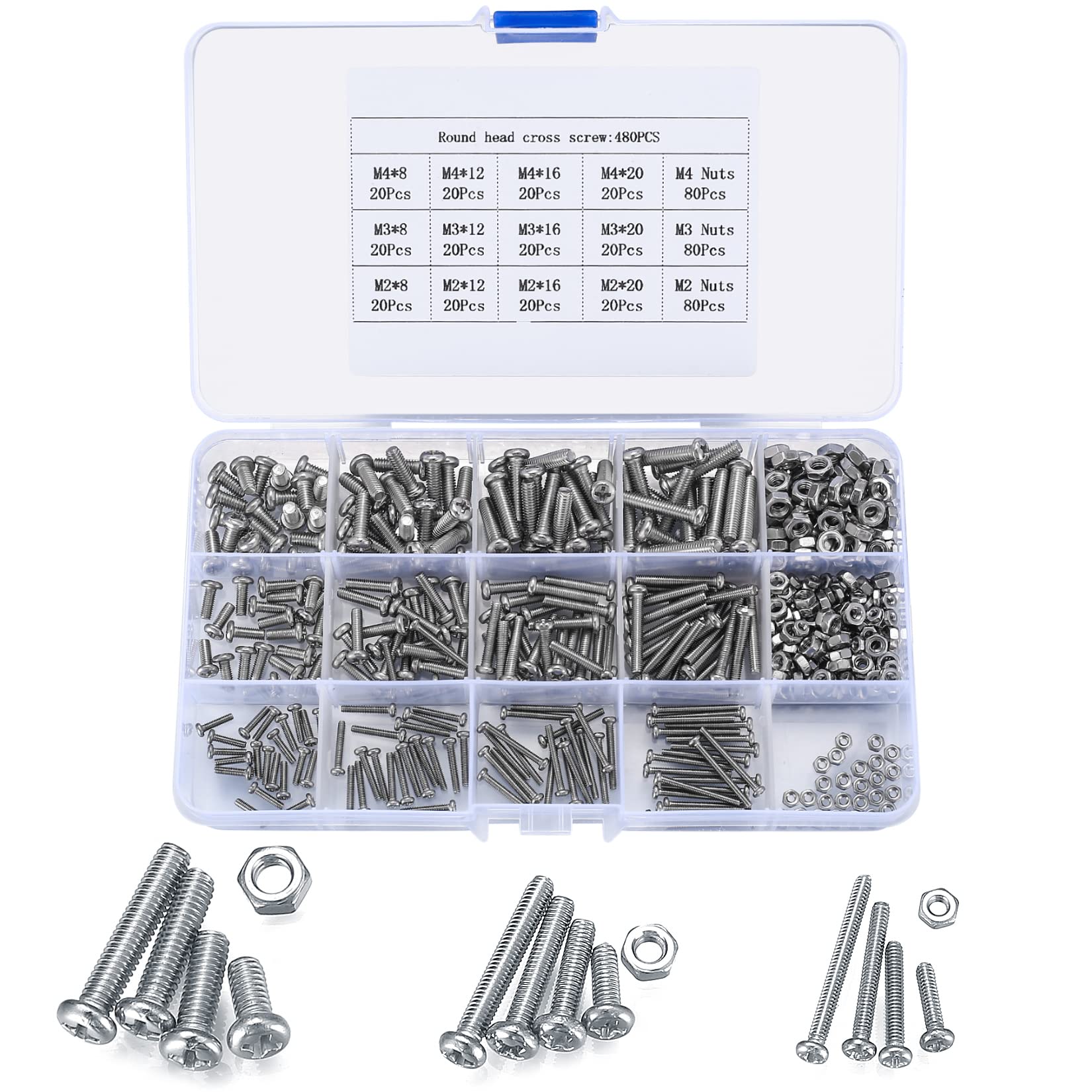 480 Pcs M2/M3/M4 Cross Drive Pan Head Screws and Nuts Assortment Kit, Stainless Steel Machine Screws, Hex Button Head Bolts โ image 1