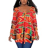 Afibi Women's Long Sleeve Henley T Shirts Button Down Loose Fit Tops Scoop Neck African Dashiki Shirts