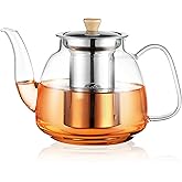 CNGLASS Glass Teapot with Infuser(37.5oz),Clear Tea Kettle with Removable Stainless Steel Strainer,Stovetop Safe Glass Teapot for Blooming and Loose Leaf Tea