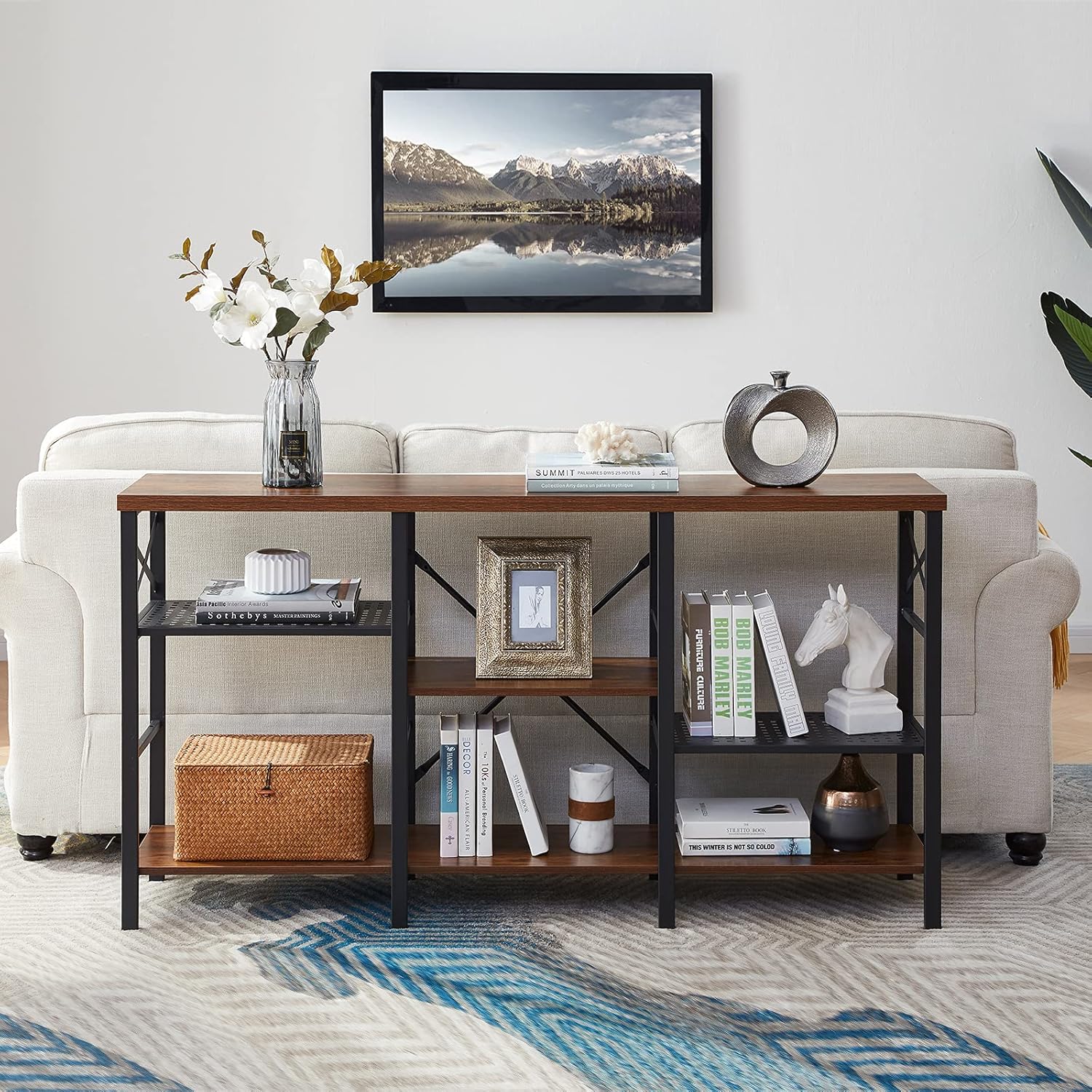 OIAHOMY 60 Inch Console Table Rustic Sofa Table, 3-Tier Adjustable Height Industrial Rustic Hallway/Entryway Table Narrow Long Entry Table Rustic TV Stand (Brown): Kitchen & Dining