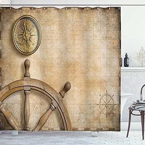 Ambesonne Nautical Shower Curtain, Steering Wheel Compass Vintage Map Setting Captain's Chamber Finding Treasure Print, Cloth Fabric Bathroom Decor Set with Hooks, 75