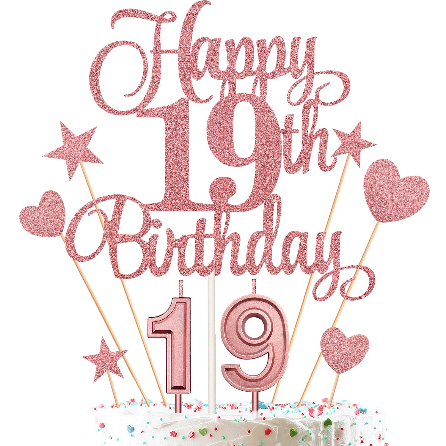Photo 1 of 19th Birthday Cake Decorations Set Include 19th Birthday Candles Numeral 19 Cake Candles and Happy 19th Birthday Cake Toppers with Heart Star Cupcake Picks for Birthday Party (Rose Gold Series)