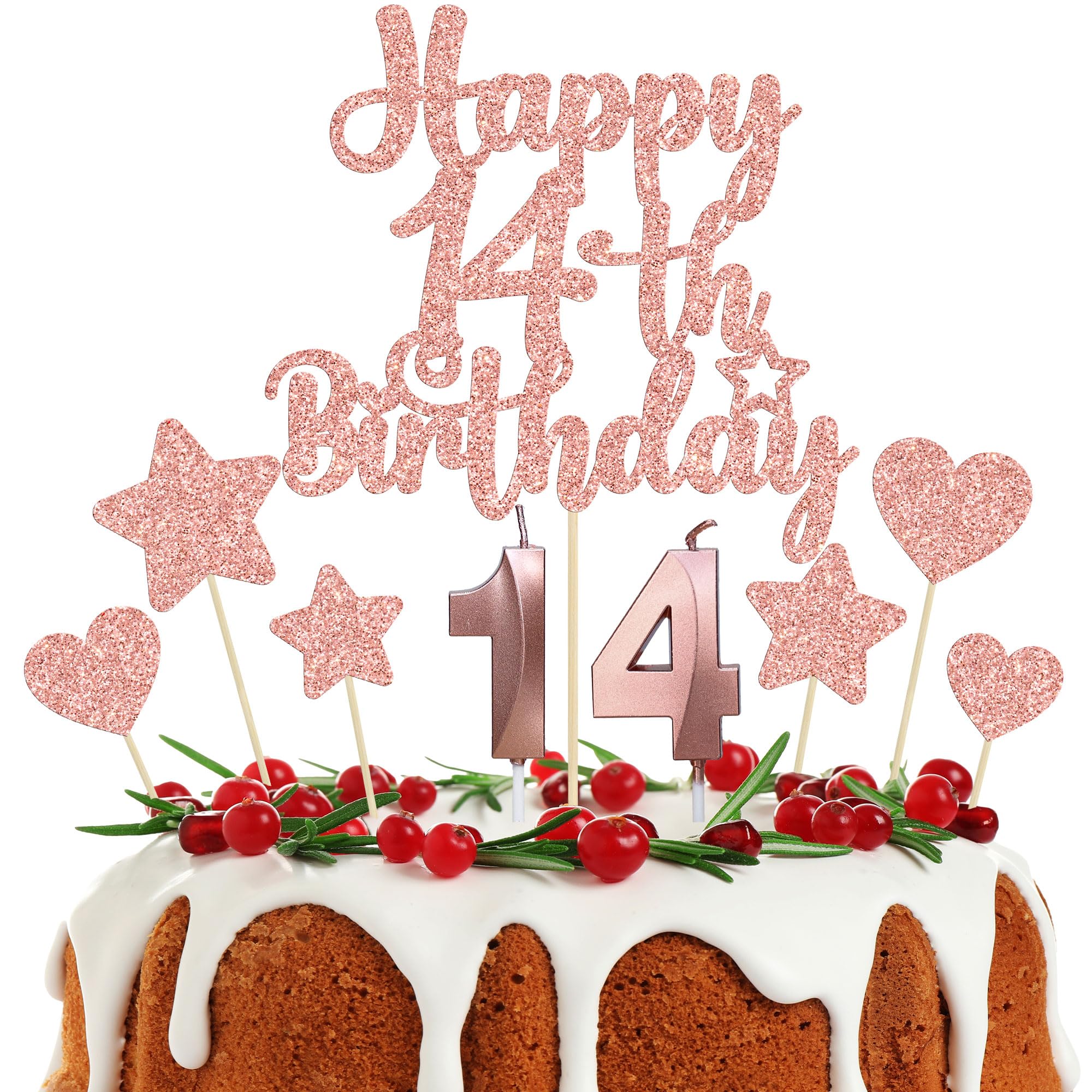 Gyufise 15Pcs Happy 14th Birthday Cake Topper Set with Heart Star Glitter Cheers to 14 Years Cake Picks Number 14 Candles Cake Decorations for Happy 14th Birthday Anniversary Party Supplies Rose Gold โ image 1