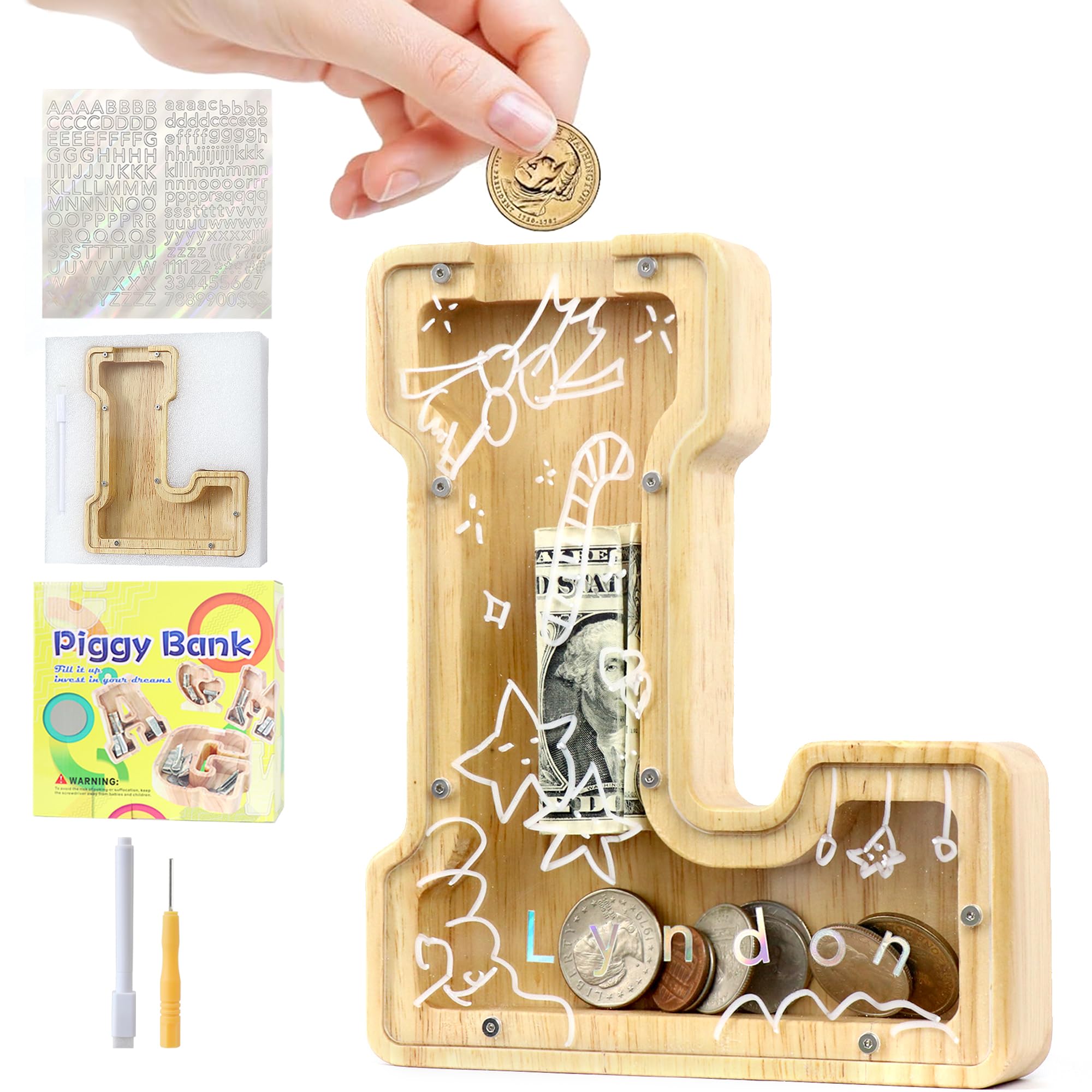 Mikytoper Money Box for Kids, Wooden Letter Piggy Banks for Kids, Personalized Money Box Clear Money Bank, Boys Girls Toddler Birthday Festival Gift (L)