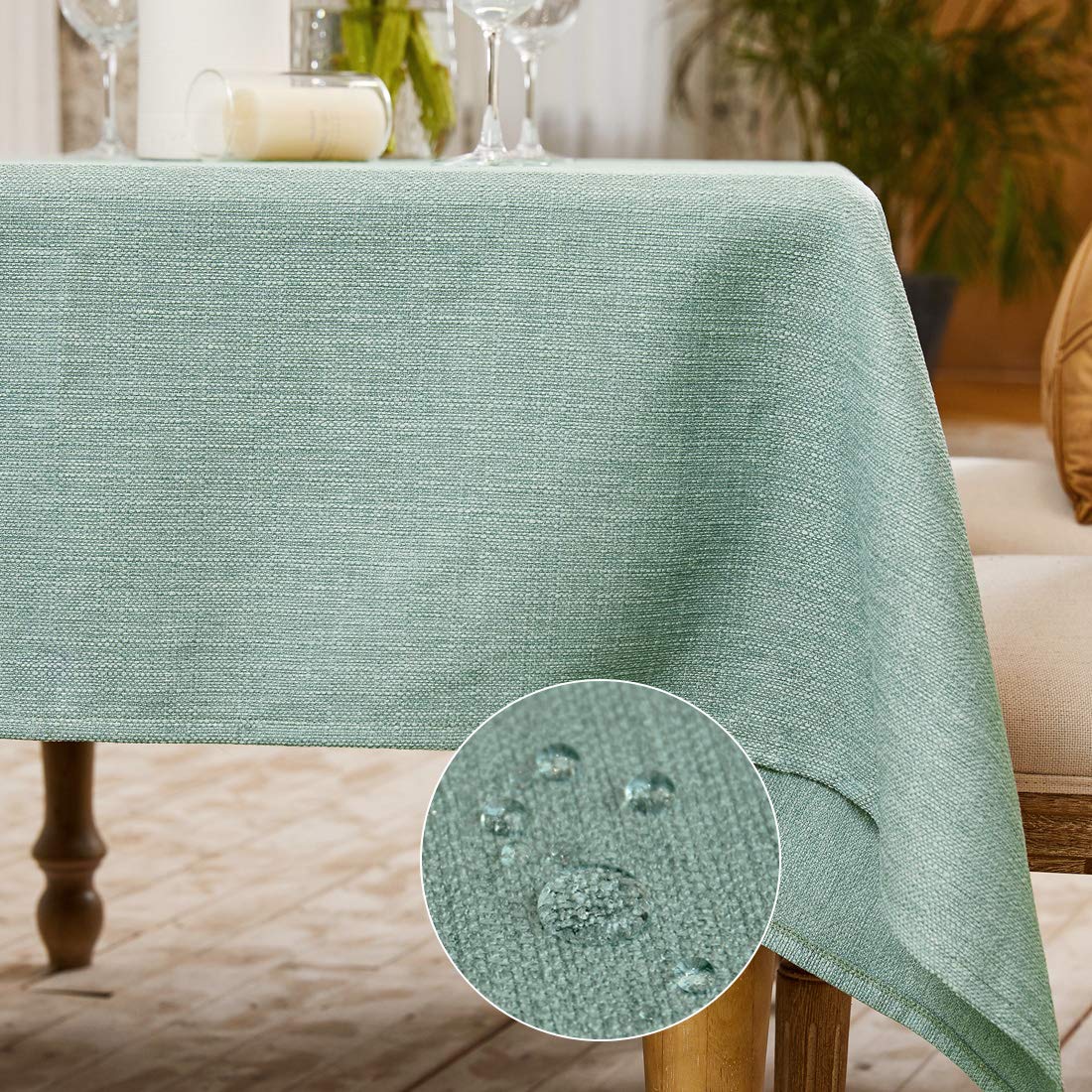 WAITER TREE Table Cloth 140x180 cm Rectangular Wipe Clean Table Cover, Light Sage Faux Linen Wipeable Waterproof Tablecloth for Outdoor Picnic Dining Kitchen Party - Celadon Green