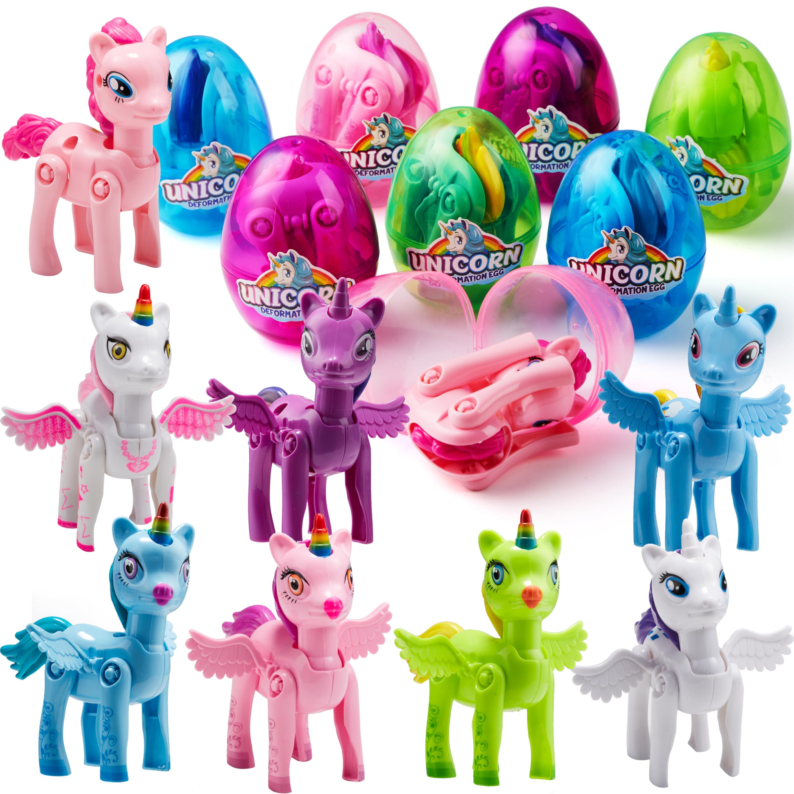 JOYIN 8 Pack Pre Filled Easter Egg with Unicorn Deformation Toys 3.5" 8.9 cm, Easter Party Favor for Girls Toddlers Kids Easter Egg Hunt, Basket Stuffers Filler, Classroom Prize Supplies