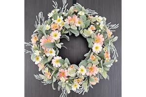 TOKCARE 22 inch Spring Summer Wreath for Front Door Flocked Artificial Lambs Ear Wreath with Vibrant Silk Flowers and Green Leaves for Home Farmhouse Holiday Decor Gifts