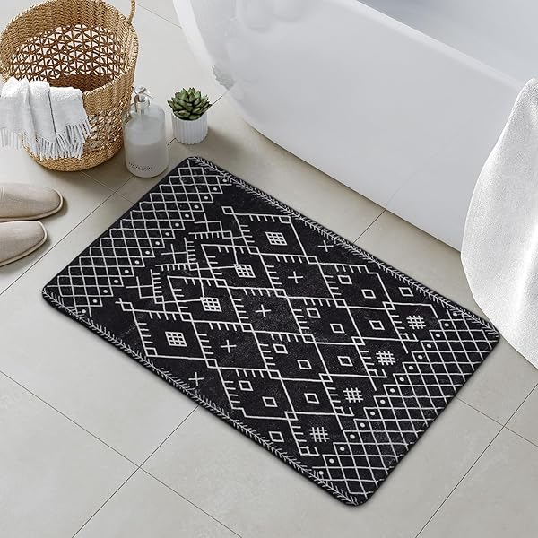 UPHOME BOHO BATHROOM RUGS, 24X36 INCH COMFY VELET BLACK BATH MAT, BATH RUGS NON SLIP WASHABLE, MOROCCAN GEOMETRIC FARMHOUSE SHOWER RUG FOR BATHROOM SINK TUB TOILET