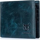 BULLCAPTAIN RFID Wallets for Men Slim Bifold Genuine Leather Front Pocket Wallet with 2 ID Windows QB-05 (Peacock Blue)