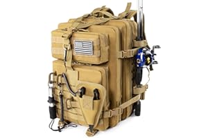 TBNBO 45l Large Fishing Tackle Backpack with Removable Plier Holder & Rod Holders, Khaki Tactical Bag, Fishing Gear and Tackle Box Organizer, Hiking Rucksack without Tackle Box