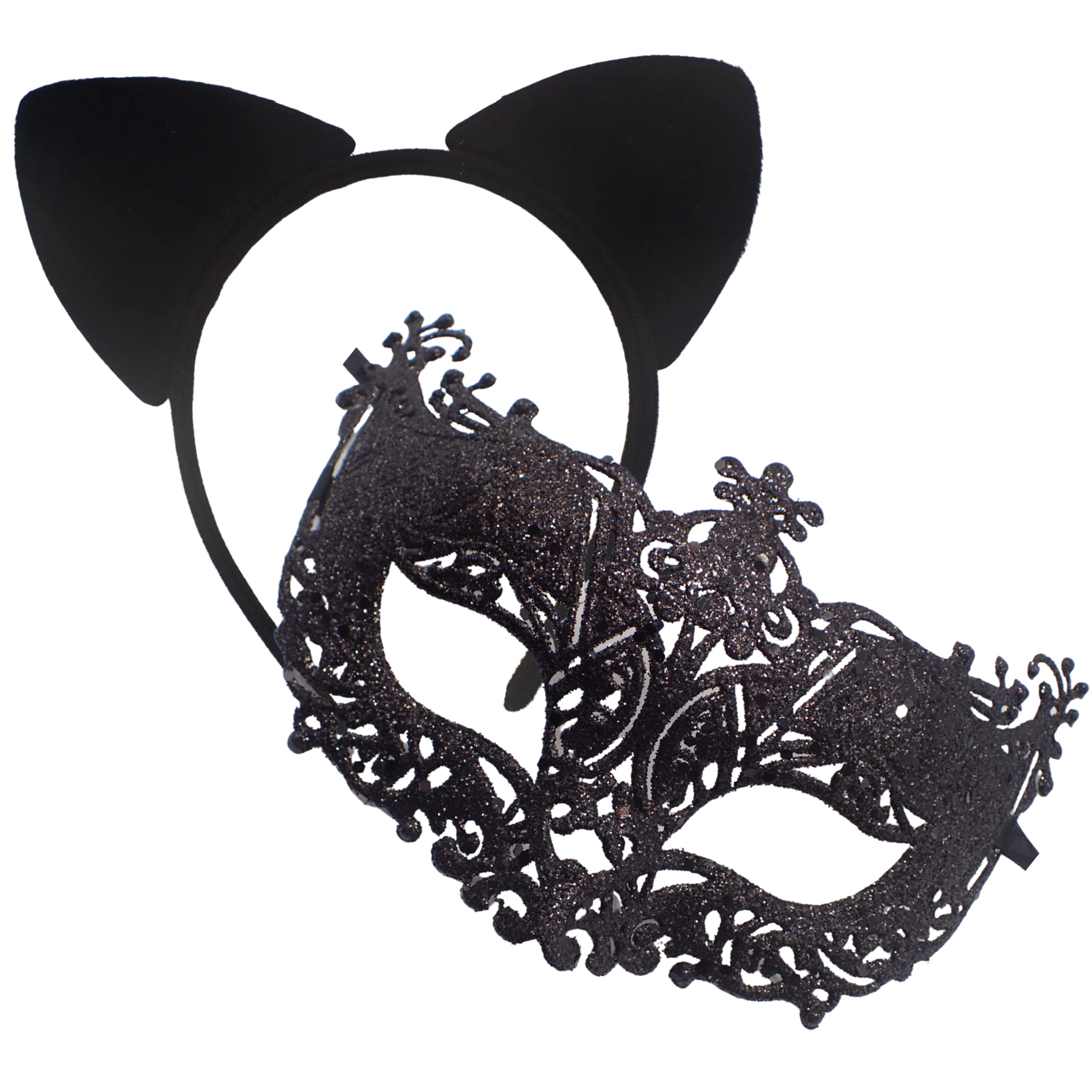 Topkids Accessories Masquerade Mask and Cat Ears set, Face Masks, Fancy Dress, Alice Bands Adult Women, Venetian Mask, Cat Costume, Dress Up, Cosplay Accessories (Black Velvet)