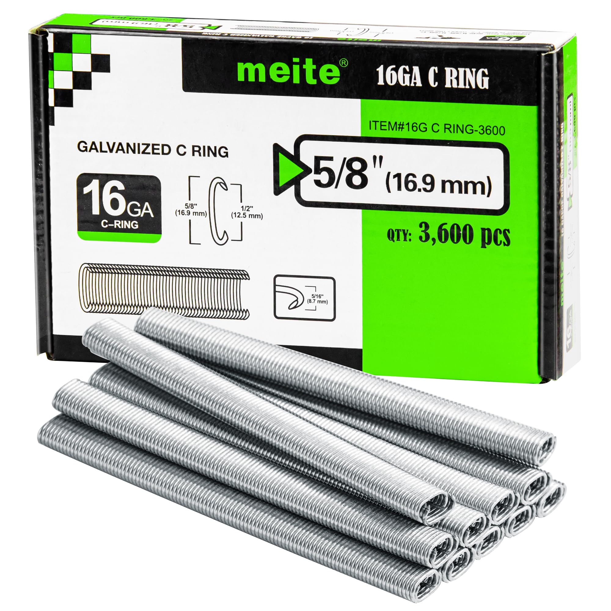 meite SC760-16 Gauge 1/2-Inch Inner Crown C Ring Staples 5/8-Inch Outside Crown Galvanized Hog Rings Staples 3600 PCS for SC760S-I2 C Ring Closure Tools for Securing Wire Cages Fastening