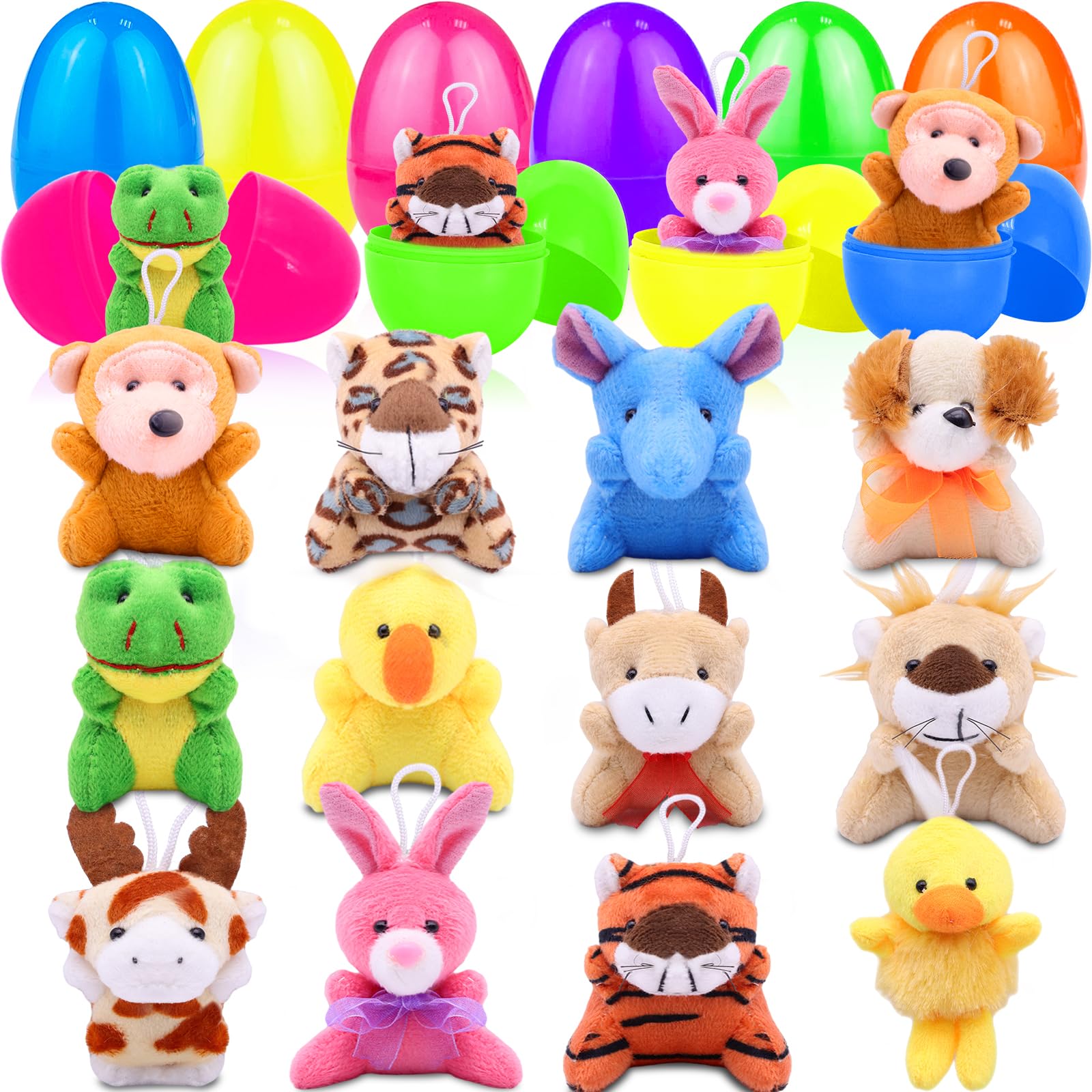 AMENON 12 Pcs Filled Easter Eggs with Mini Stuffed Animal Plush Toys Easter Basket Stuffers Filler for Kids Toddler Boys Girls Egg Hunt Party Favors Classroom Prize Supplies