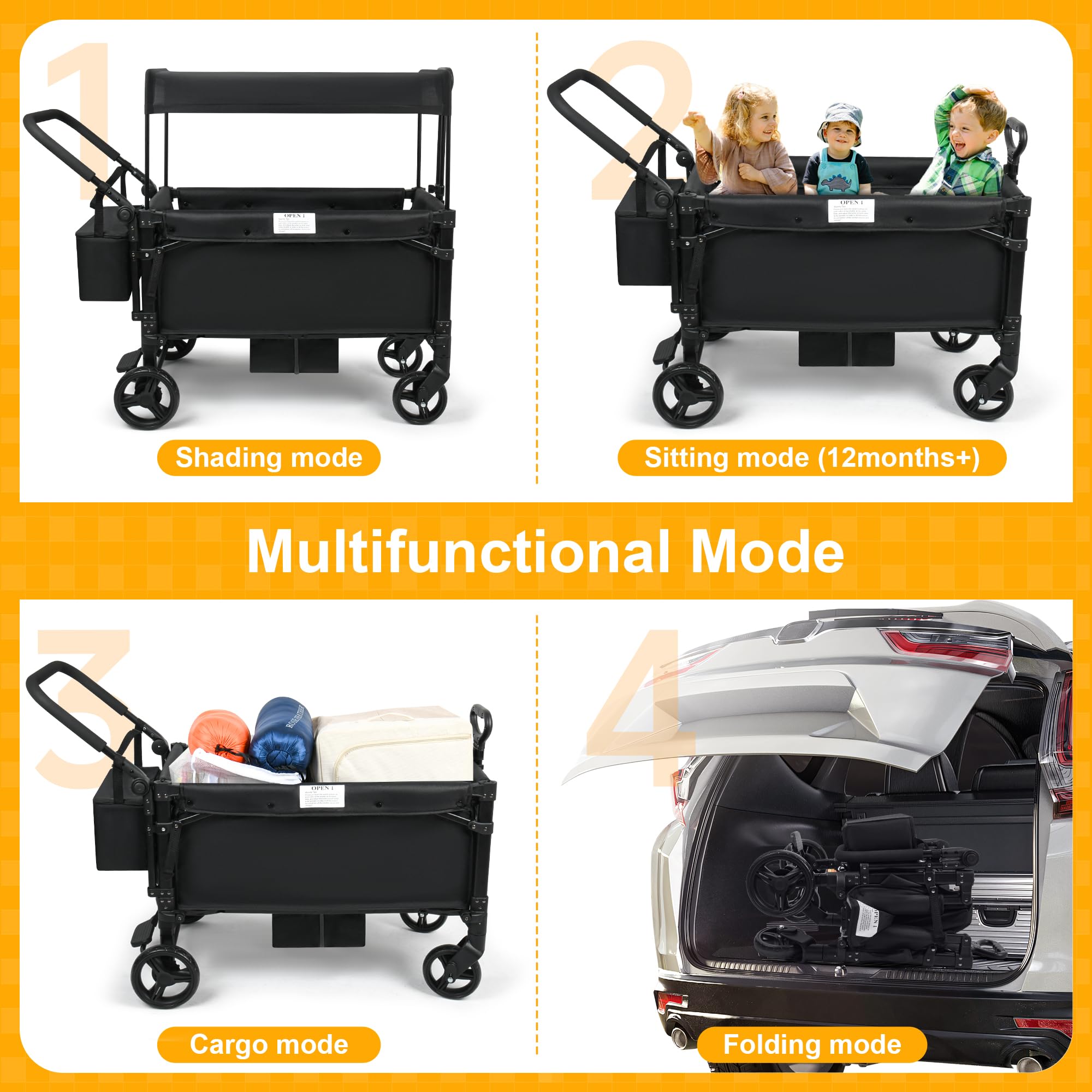 VOOI Stroller Wagon, 2 Seater Kids Wagon, Collapsible with 5-Point Harnesses, Zipper Door, Sun Canopy
