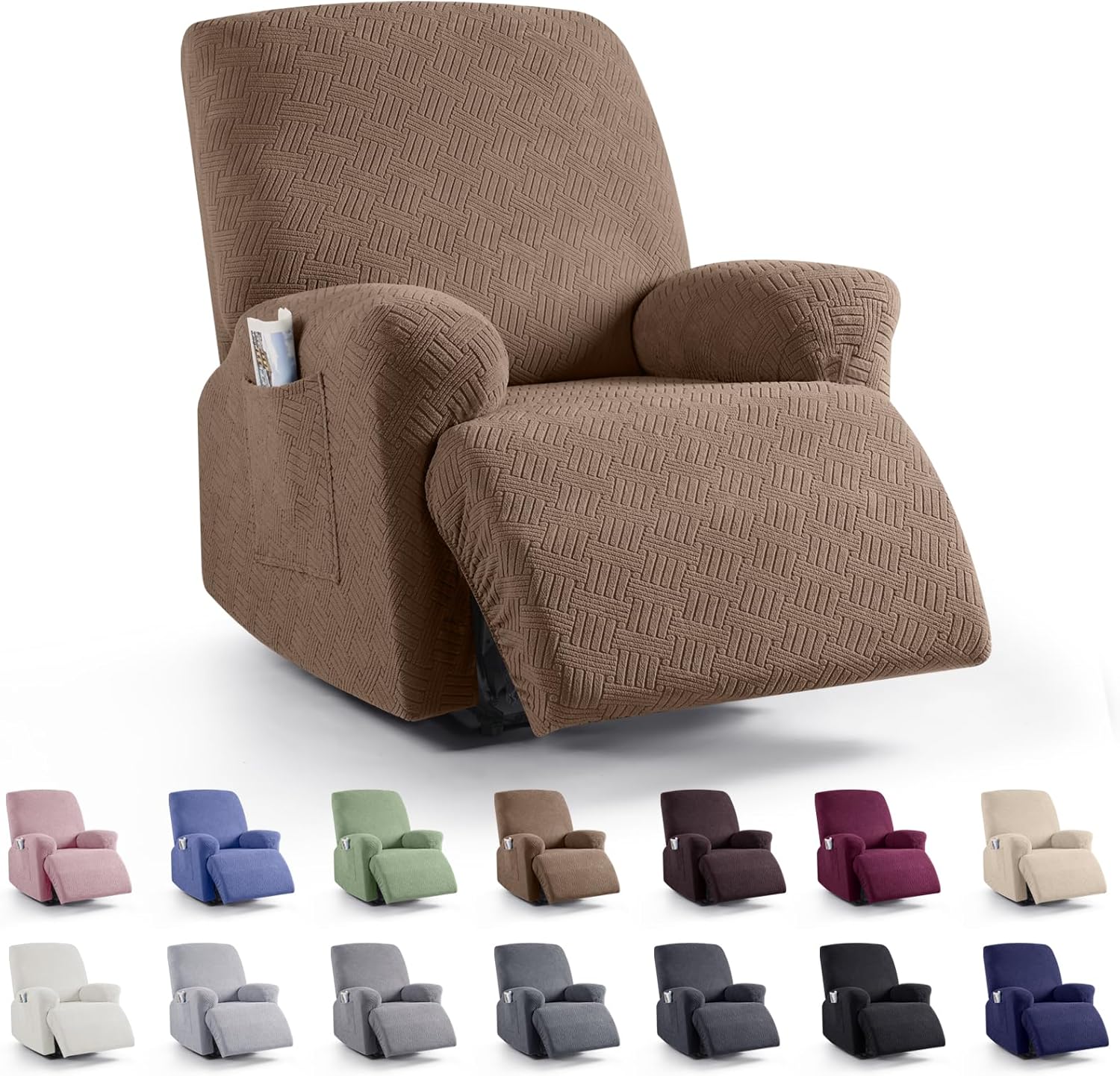Slipcovers - KinCam 3 Pieces Recliner Chair Covers, Stretch Reclining Chair Covers, Sofa Slipcovers Stripe Jacquard Recliner Covers Furniture Protector Covers with Elastic Bottom for Kids, Pets (Light Coffee)