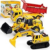 JOYIN 3 Pack Construction Toy - Excavator, Dump Truck and Loader, Moveable Claw & Lifting Back, Construction Truck Toy, Birthday Gift for Toddler Boys Kids
