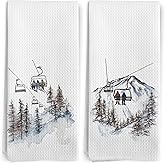 BitKAM Winter Ski Lift Kitchen Towels, Ski Skiing Gifts for Women Men Dish Tea Towels for Kitchen, Winter Skiing Decorative Hand Towels for Bathroom Decor, 16x24 Inch Set of 2 Skating