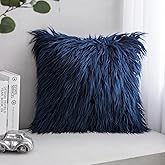 Phantoscope Faux Fur Solid Decorative Pillow Cover Fluffy Throw Pillow Mongolian Luxury Fuzzy Pillow Case Cushion Cover for Bedroom and Couch,Navy Blue 18 x 18 Inches