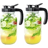 Glass Mason Jars Pitcher 32 Oz Pour Spout Lids & Handle (2 Set) Wide Mouth Airtight Leak Proof Fridge Breast Milk Pitcher With Top Flip Cap 1 Quart Water Jug For Cold Brew Coffee, Iced Tea, Beverage