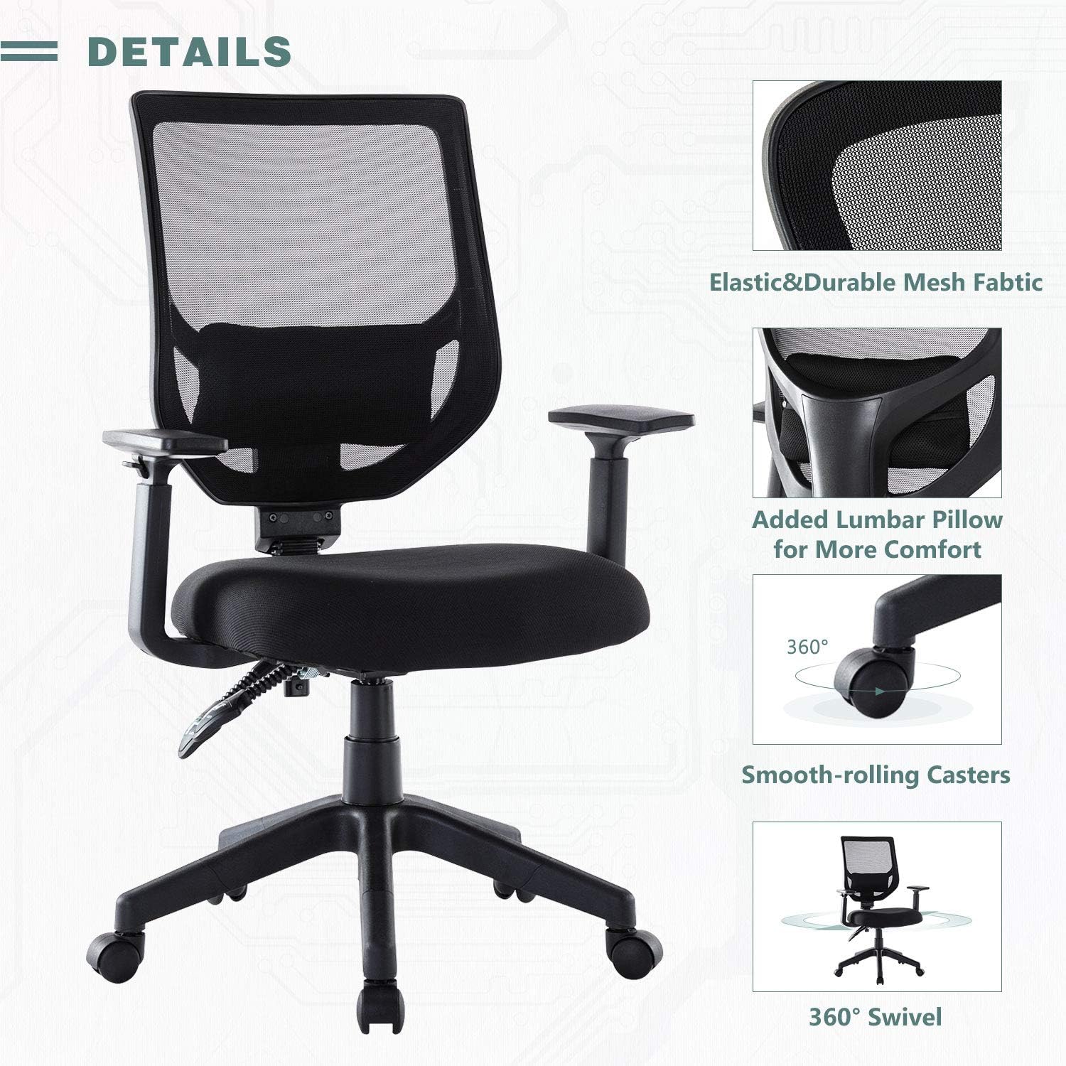Rimiking Mesh Office Chair, Mid Back Ergonomic Swivel Black Mesh Computer Chair Adjustable Height and Armrest with Lumbar Support Task Chair: Kitchen & Dining