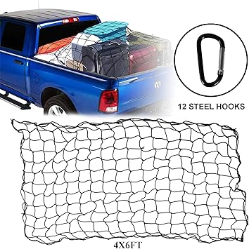 Amazon Com Youxmoto 4 X6 Cargo Net Super Duty Pick Truck Bed Bungee Stretches To 8 X12 With 12 Tangle Free Steel Carabiners Hooks Small 4 X4 Mesh Protects Small Items For Suv Atv Utv Rv Automotive