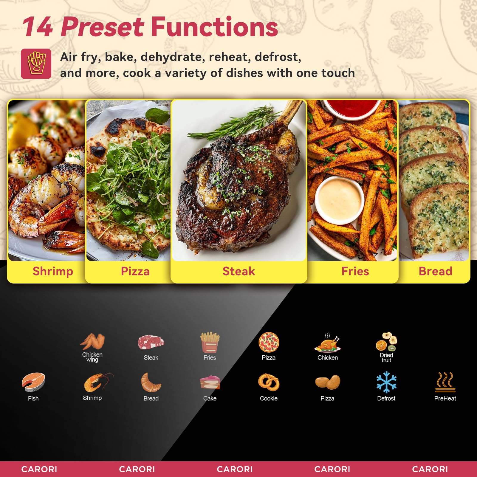 Freidora de aire 14 en 1 con ventana de visualización, gran capacidad de 6 cuartos, crujiente máxima de 392 ℉, freidora de aire sin filtración de doble calentamiento, hornear, asar, deshidratar, recalentar, comidas rápidas e incluso fáciles de 1700 W, canasta antiadherente apta para lavavajillas