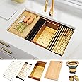 LQS 32 Inch Undermount Kitchen Sink, Gold Kitchen Sink, 32” x 19” Workstation Kitchen Sink Undermount, 16 Gauge Stainless Steel Kitchen Sink, Handmade Deep Single Bowl Kitchen Sink with Accessories